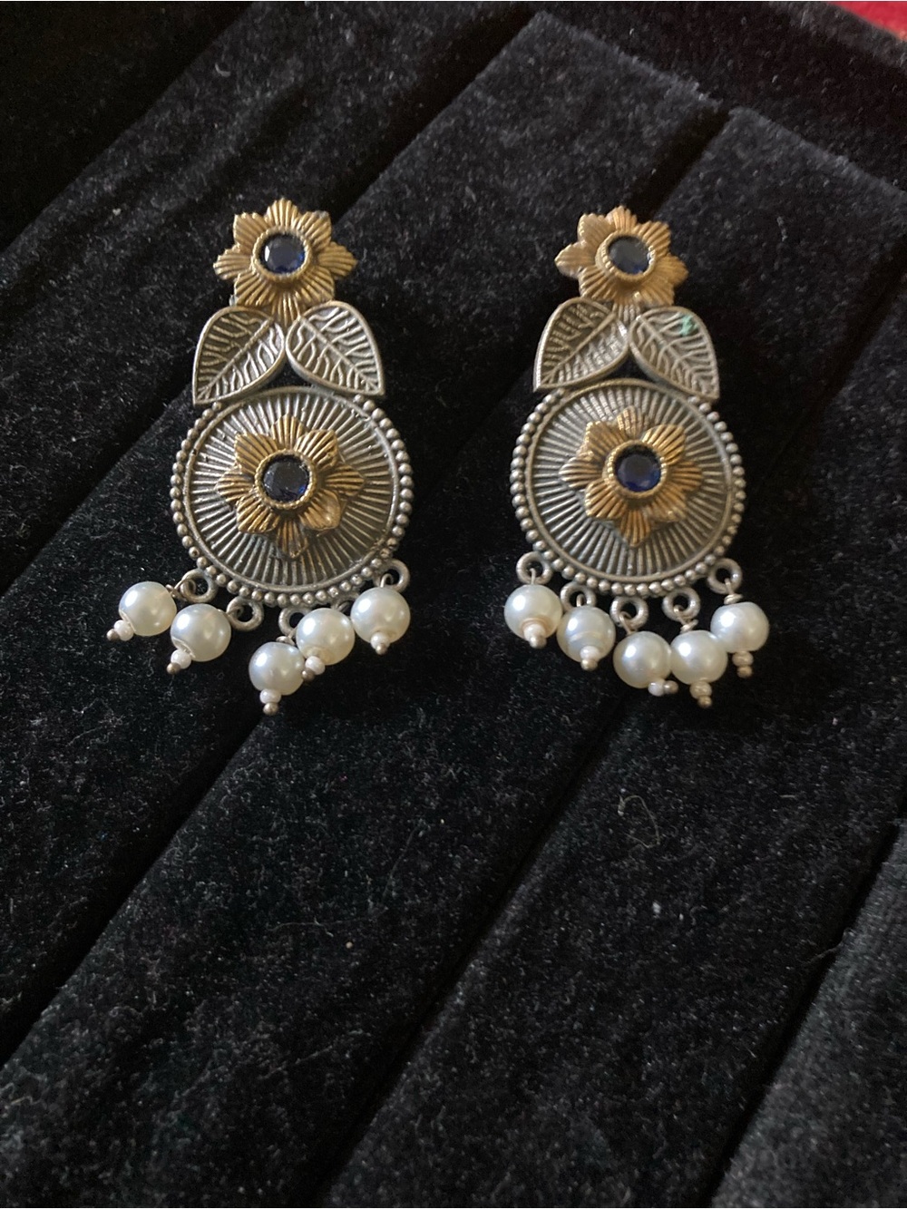Two-Tone Floral Drop Earrings with Blue Accents and Pearl Fringe